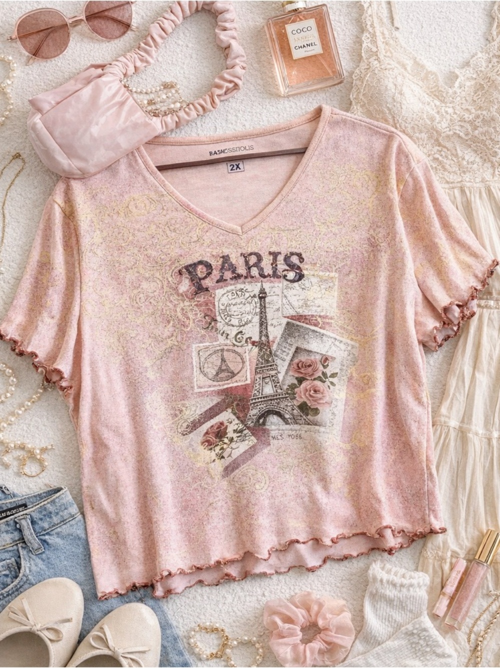 Basic Editions Paris Graphic Tee Y2K Coquette Fairy Grunge Baby Tee 2X Pink B58